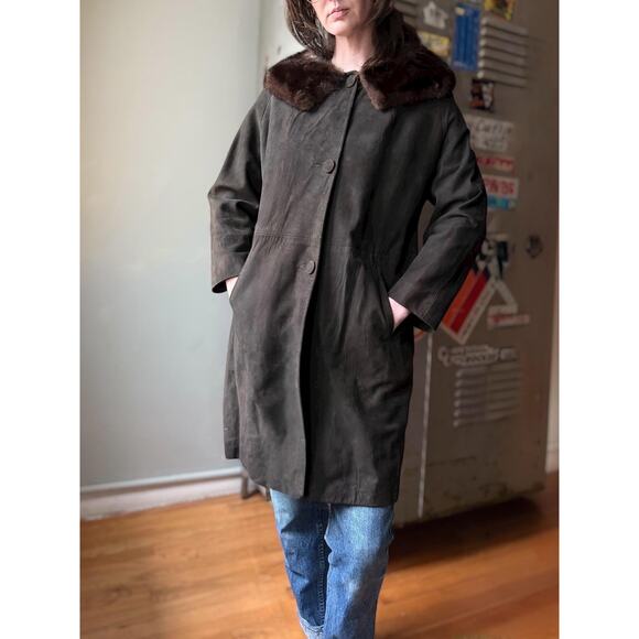Vintage 60s Suede Fur Collar Coat | Chocolate Brown Mink Trim | Size M/L - Picture 1 of 14